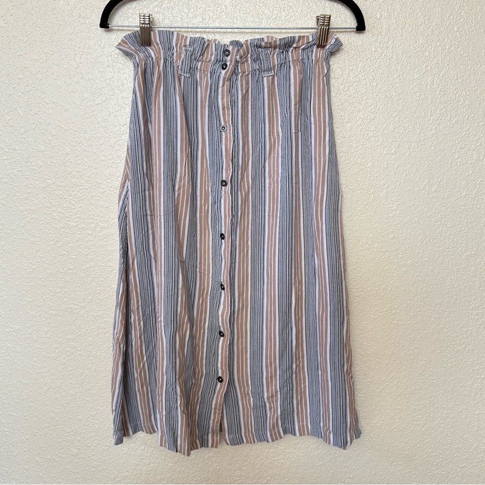 RVCA Tan & Black Striped Button Down Midi Skirt Size Small